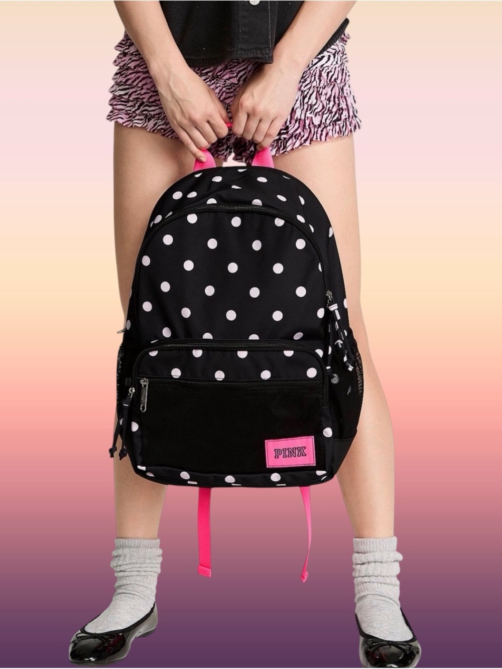 VS PINK Campus Backpack Black Pink Polka Dot